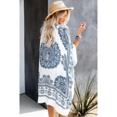 White Mandala Printed Open Front Cover Up Dress